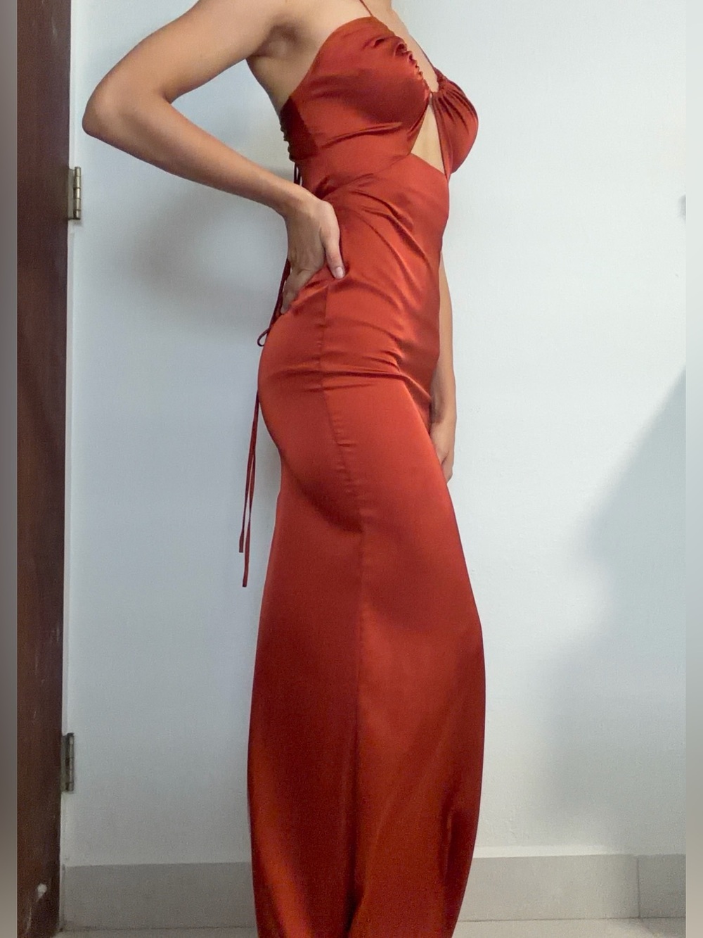 Satin Rust Cutout Evening Dress - Women